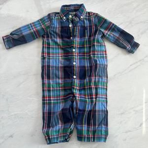Ralph Lauren Polo horse blue plaid lined romper boys 6 month jersey button front